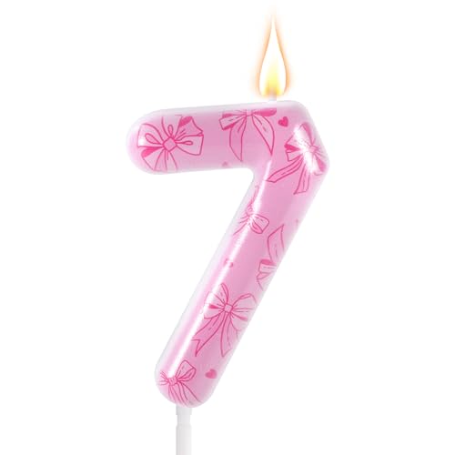 Pink Bow Number 7 Birthday Candle - Elegant Cake Topper