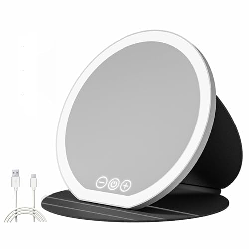 suonee Rechargeable Lighted Travel Makeup Mirror - 8.6" Slim LED Vanity Mirror with 3 Color Modes and PU Leather Case, Black