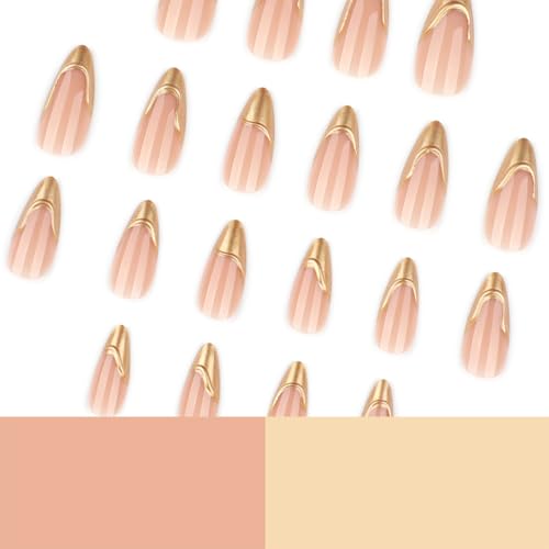 Press on Nails Long Almond Glossy Pink Nude with 3D Gold French Tips
