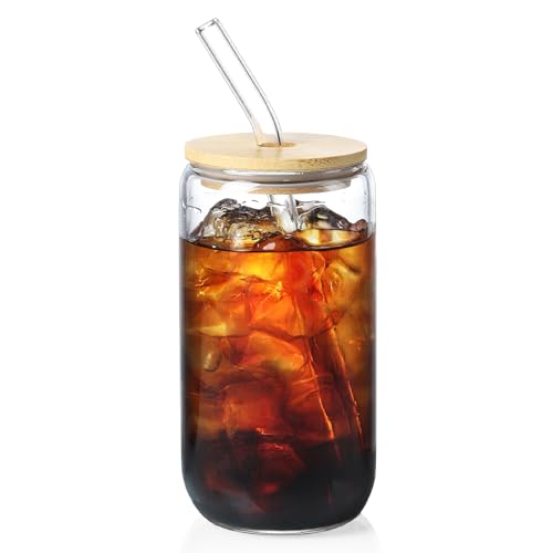 NETANY 16 oz Glass Cup with Bamboo Lid and Glass Straw - Single Pack
