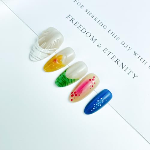 Glossy Almond Press On Nails French Tip Colorful Fake Nails Medium