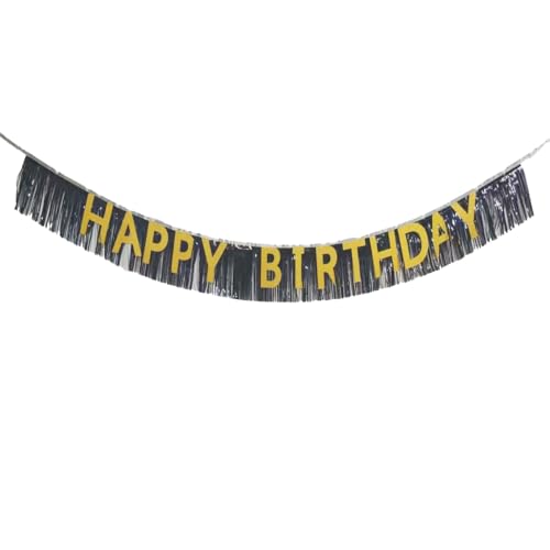 Black and Gold Happy Birthday Banner with Foil Fringe Curtain Kit