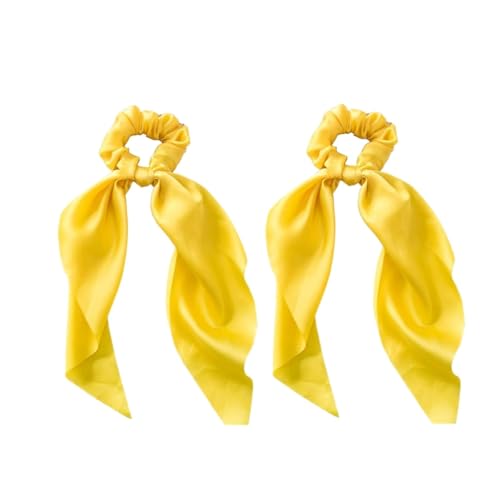 Yellow Satin Ribbon Bow Hair Scrunchies 2-Pack Ponytail Holder Scarf