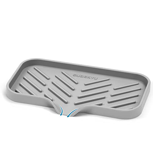 SUBEKYU Silicone Kitchen Sink Soap Tray, Self-Draining Sponge Holder - Gray