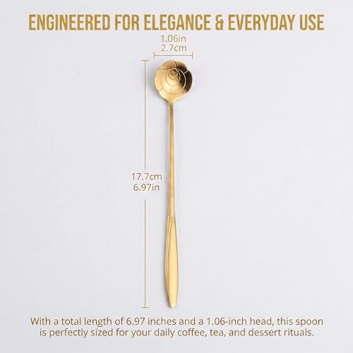 Gold Rose Iced Tea Spoons Set of 4 - Long Handle Stainless Steel