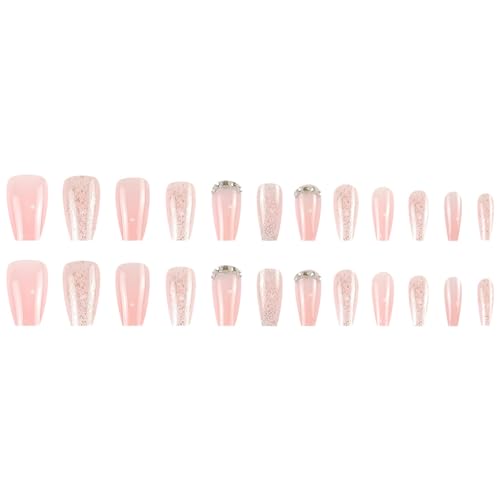 Nude Pink Press on Nails Long Coffin Glitter Glossy Rhinestone 24Pcs