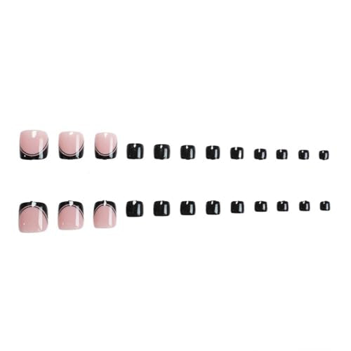 Black French Tip Press on Toenails Short Square False Toe Nails 24Pcs
