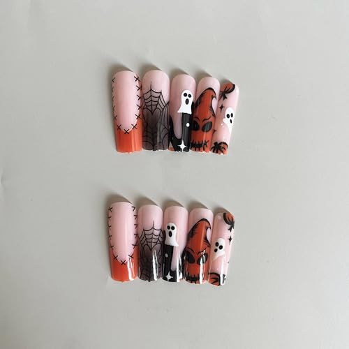 BABALAL Long Square Press on Nails Halloween Black Orange French Tip Goth
