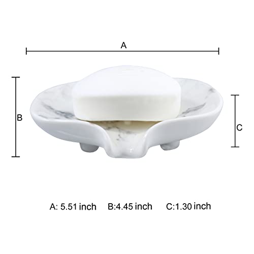 POLYDUKE Ceramic Soap Dish with Drain - White Marble Texture Soap Holder