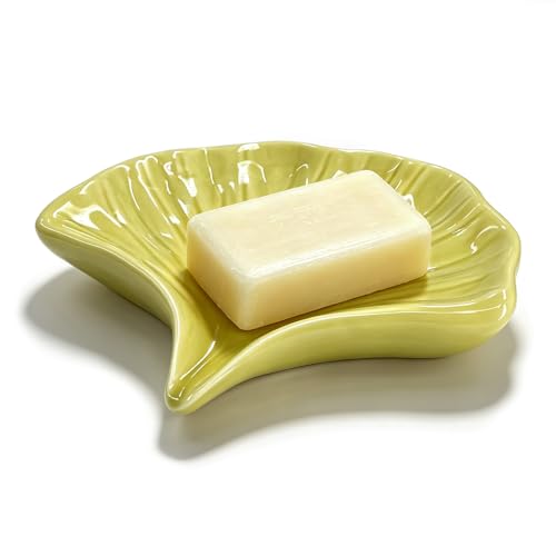 Ceramic Seashell Soap Holder - Self-Draining Elegant Tray (Green)