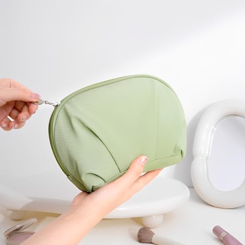 Auerllcy Aesthetic Shell Cosmetic Bag - Water-Resistant Half-Moon Makeup Pouch in Light Green