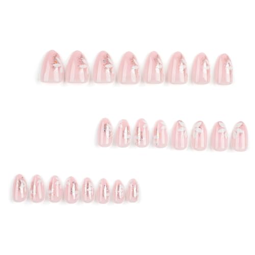 Glitter Pink Press On Nails with Flower Designs Short French Tip False Nails