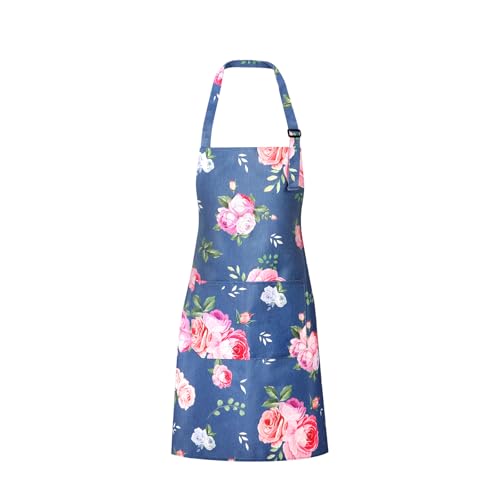 Blue Floral Apron for Women - Waterproof Cotton Canvas with Pockets
