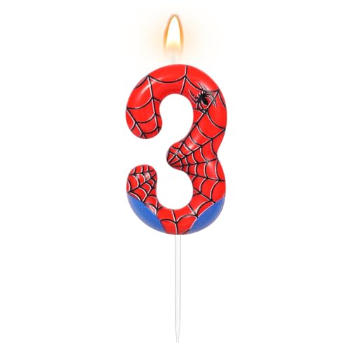 Spider Number 3 Birthday Candle - Red & Blue Web Cake Topper for Party
