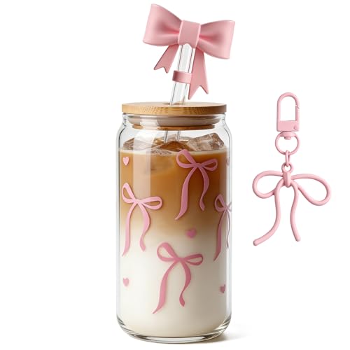 Mason Life 18oz Bow Glass Cup with Straw & Keychain - Pink