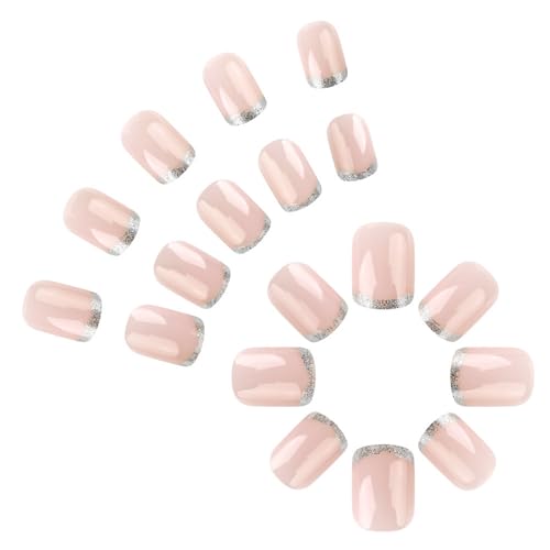 SEENEEY French Tip Short Square Press on Nails, 24Pcs Cute Fake Nails