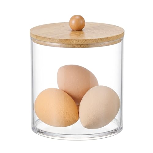 Clear Plastic Cotton Swab Holder with Bamboo Lid - Medium Organizer