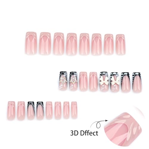 Pink Butterfly Coffin Press on Nails with Pearls and Diamond Stars