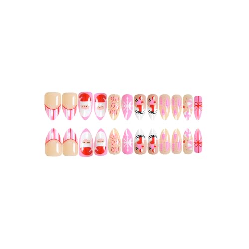 SWEKKE Christmas Press on Nails Short Almond Winter Fake Nails Glossy