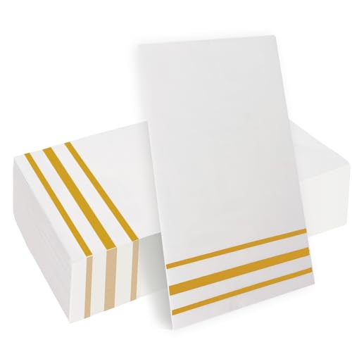 Muyurra Disposable Paper Hand Towels - White and Gold Line, 50 Pack