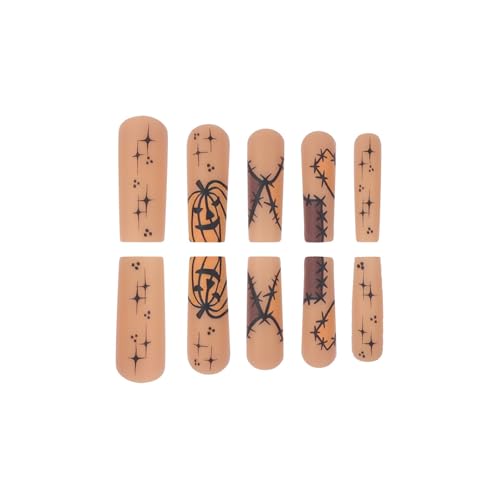 Long Square Halloween Press on Nails with Pumpkin Designs 24Pcs