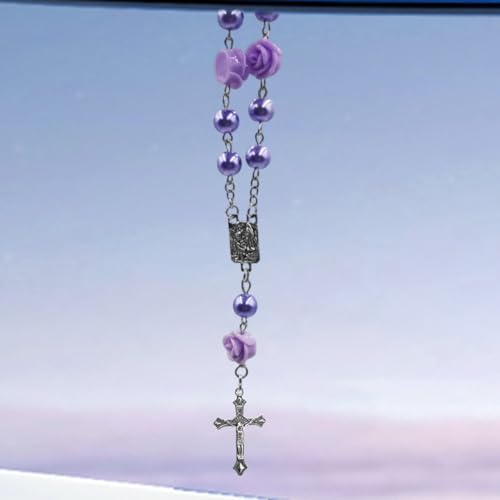 Purple Rosary Cross Rearview Mirror Charm - Elegant Car Pendant