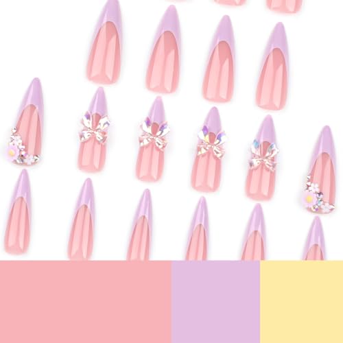 Long Stiletto Press on Nails 3D Bow Flower French Tip Fake Nails