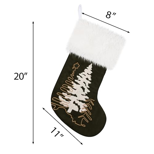 Christmas Stockings Set of 2 - Suede with Faux Fur Cuffs & Rope Embroidery, 20 Inch Large Holiday Decor