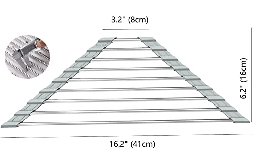 Triangle Dish Drying Rack - Roll Up Folding Stainless Steel Mat for Sink Corner - Gray