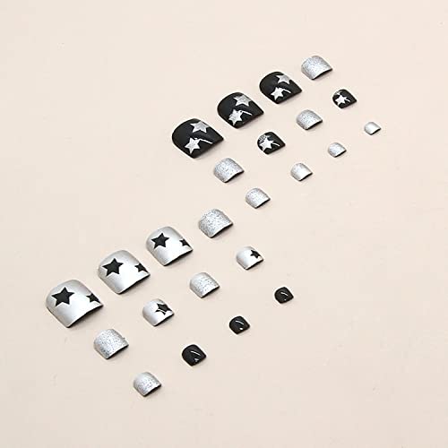 Onsdag Press on Toenails Black Designs 24 Pcs Glossy Square False Toe Nails