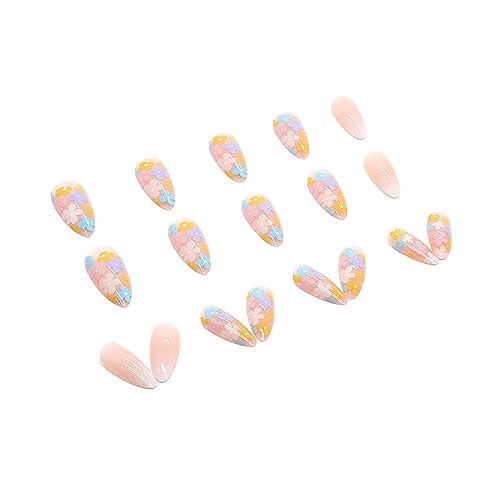 Vezocim Floral Press On Nails Oval Glossy Nude Fake Nails Acrylic Set