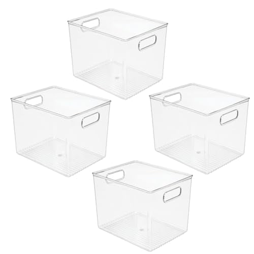 mDesign Plastic Storage Closet Organizer Bin, Container Bin for Entryway, Hallway, Linen, and Coat Closet - Organization for Clothing, Blankets, Toys, and Accessories, Ligne Collection, 4 Pack, Clear