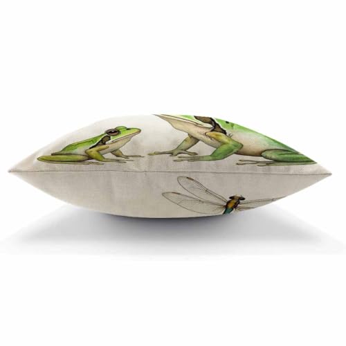 Frog and Dragonfly Watercolor Throw Pillow Cover, 18x18 Inch Cotton Linen