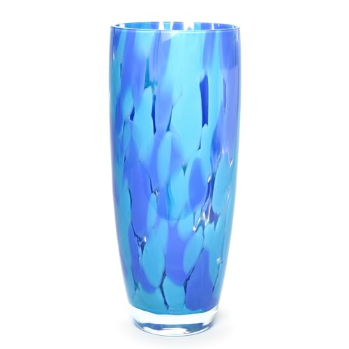 Murano Style Hand Blown Glass Vase with Confetti Effect - Blue, 12.6 Inch Home Decor