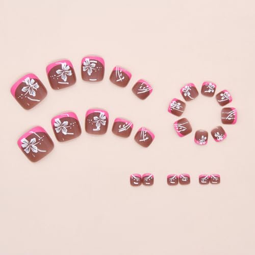 KAICCOSO Red Floral Short Square Press on Toenails, 24Pcs Cute Summer Stick-On Toe Nails with Glue