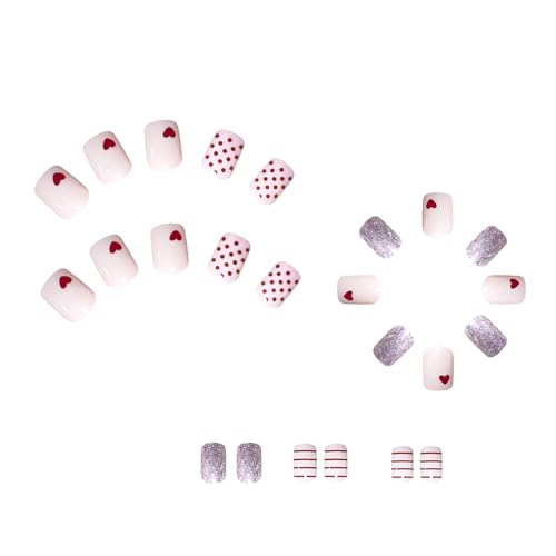 Valentine Press on Nails Square Pink Heart Glitter Fake Nails Acrylic Kit