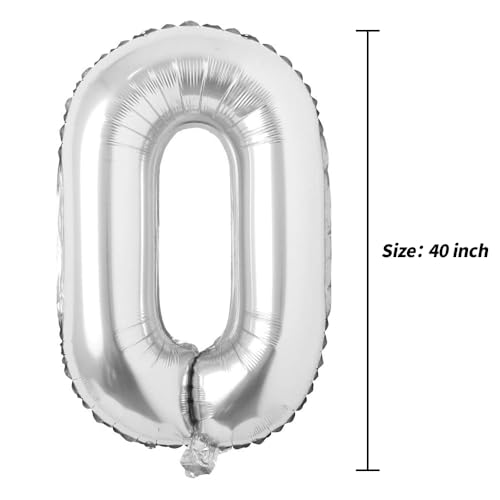 REIANS 40 Inch Silver Number 0 Foil Mylar Balloon for Birthday Party Decor