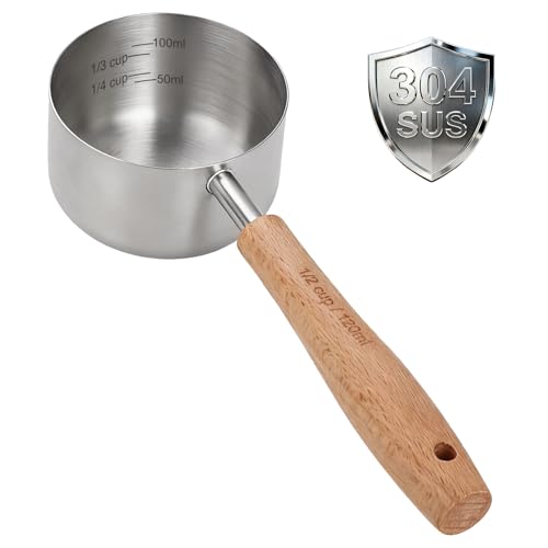 TREMENDRY 1/2 Cup Stainless Steel Pet Food Scoop with Wood Handle