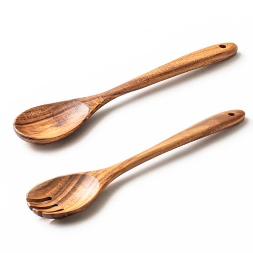 Gudamaye Acacia Wooden Salad Server Set - 13 Inch Salad Tongs with Fork & Spoon, Long Handle Salad Servers, Salad Mixing Utensils, Salad Servers