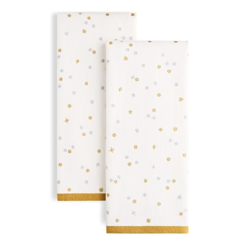 Kate Spade New York Celebration Dot Holiday Kitchen Towels 2-Pack Set, 100% Cotton with Metallic Print, Lint-Free & Absorbent, Ivory/Gold/Silver, 17"x28"