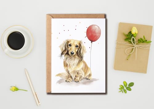 Long-Haired Dachshund Birthday Card with Balloon - 5x7 Dog Mom Gift