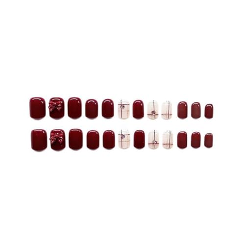 Square Short Red Press On Nails with Rhinestones and Bows 24pcs