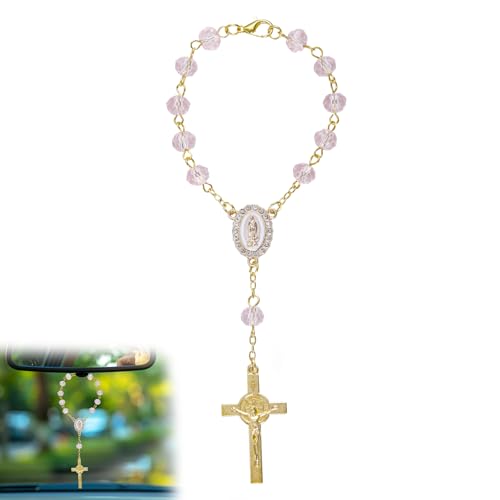 Pink Mini Car Rosary with Cross Pendant for Rearview Mirror