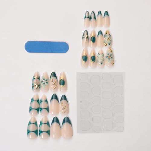 BUNLVDI Blue French Tip Press on Nails Medium Almond Flower False Nails 24Pcs
