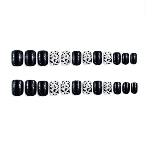 Black Press on Nails Short Square False Nails with White Glitter and Leopard Print