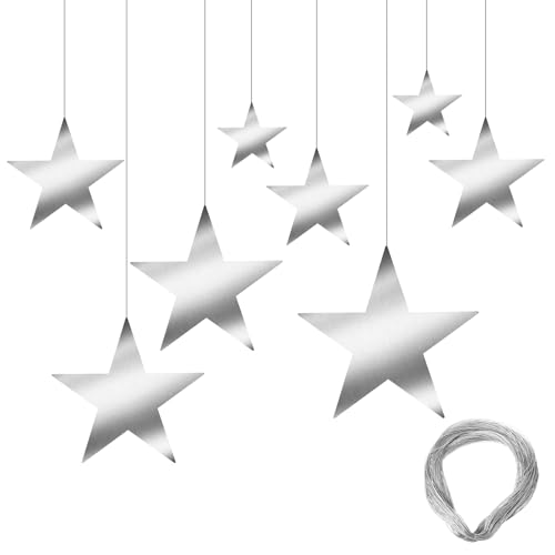 24 Pcs Silver Hanging Star Decorations - Glitter Cardboard Cutouts for Party