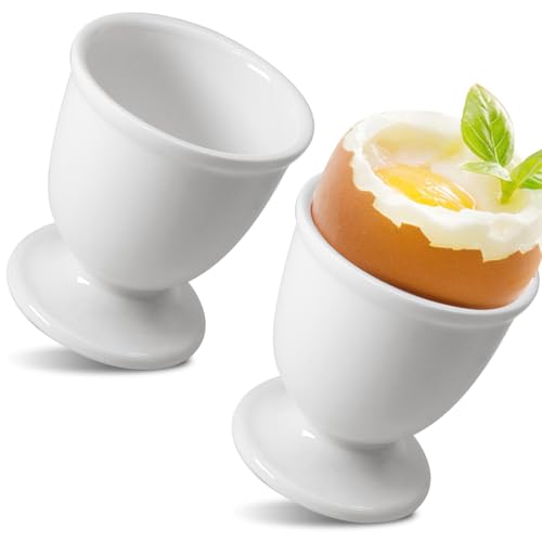 Kyuionty Ceramic Egg Cups - 2 Pcs White Porcelain Holders for Boiled Eggs