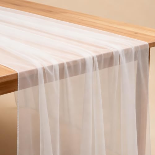 White Chiffon Table Runner 30x120 Inch - 2PCS Sheer Tulle Wedding Decor - Variation: White