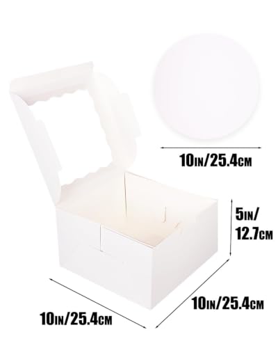 qiqee 10x10x5 White Cake Box Set with Window & 4 Round Cake Boards - 10 Inch Food-Grade Packaging
