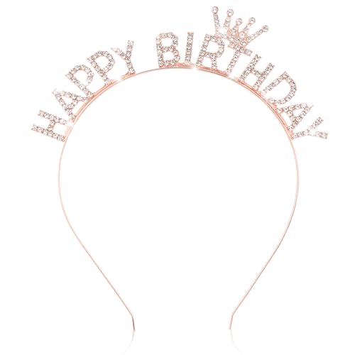 KICOSY Rose Gold Happy Birthday Rhinestone Tiara Headband Crown